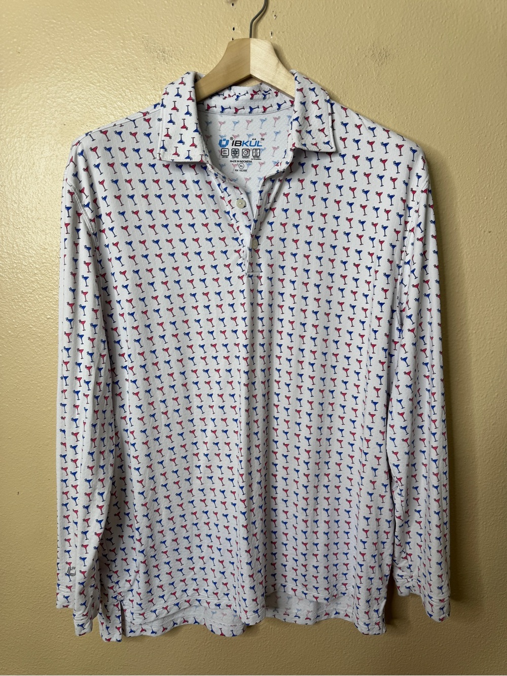 IBKUL Mens XL Golf Polo Shirt White Martini Print UPF 50+ Long Sleeve